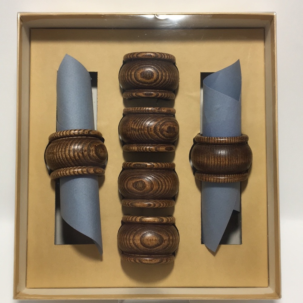 Napkin rings 6 new in box natural Wooden MCM mid century modern made in USA